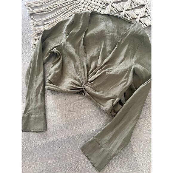 Zara Twist Front Linen Crop Top Large Olive Green Long Sleeve Tie Back Deep V - Picture 3 of 9